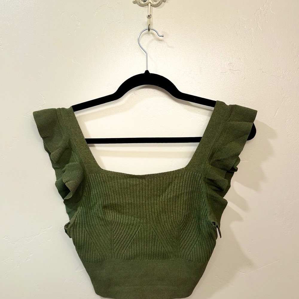 Olive Green Ruffle Sleeve Women's Top